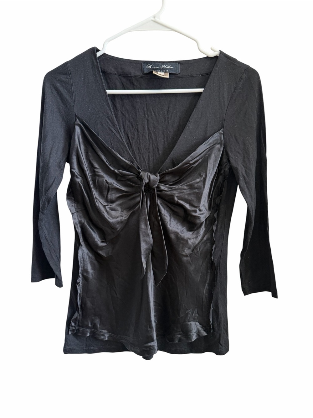 Karen Miller Black Satin-Front Tie Long Sleeve Top